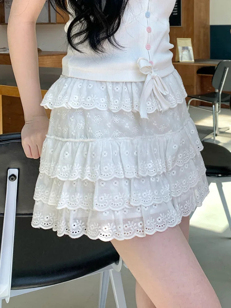 Cotton Shorts Skirt Women Lace Embroidery Elastic Waist Cute Mini Cake Skirt for Sweet Girls Lolita Style Kawaii Clothes