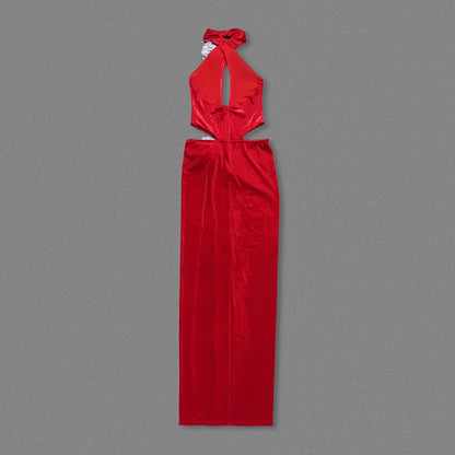 Halter Keyhole Cutout Side Cutout 3D Applique Slit Maxi Gown