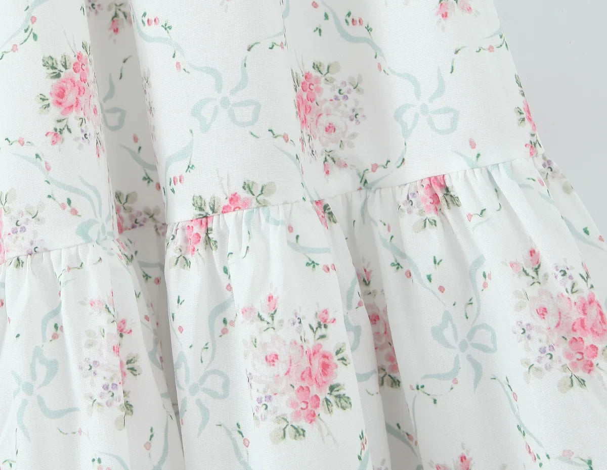 Women Bow O Neck Sleeveless Floral Print Boho Dresses Front Lace Up A-line Midi Summer Dress Chic Lady Holiday Party Robe