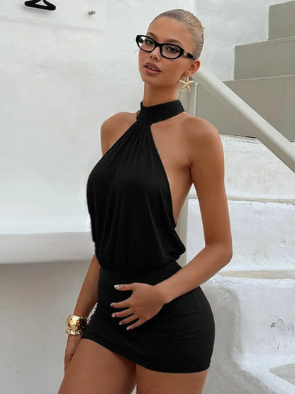 Fashion Halter Solid Sleeveless Backless Bandage Ruched Sexy Slim Mini Dress Summer Clothes Party Vacation Club