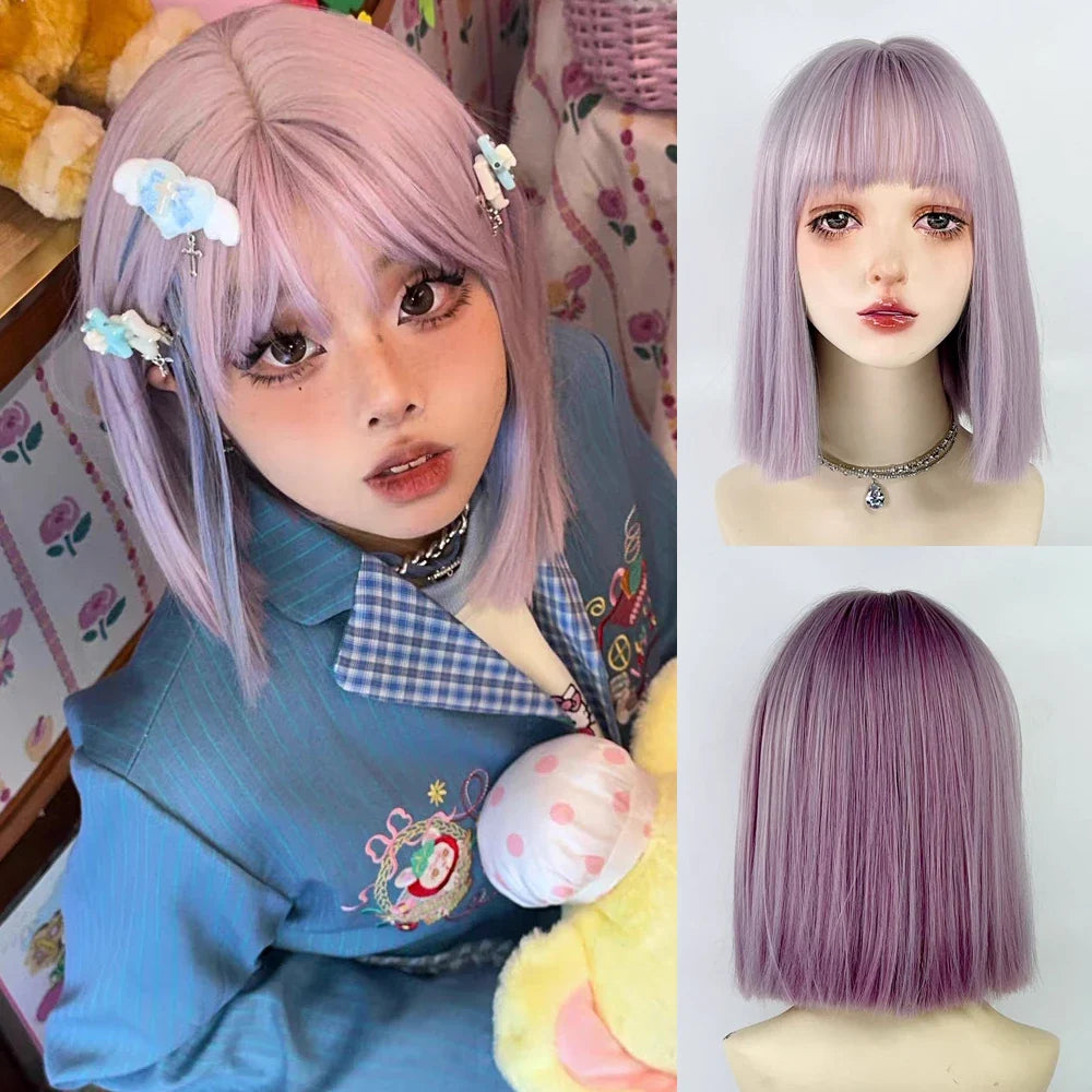 Bob Short Straight Purple Blue Mixed Synthetic Wig with Bangs Lolita Cosplay Women Fluffy Wig for Daily Party