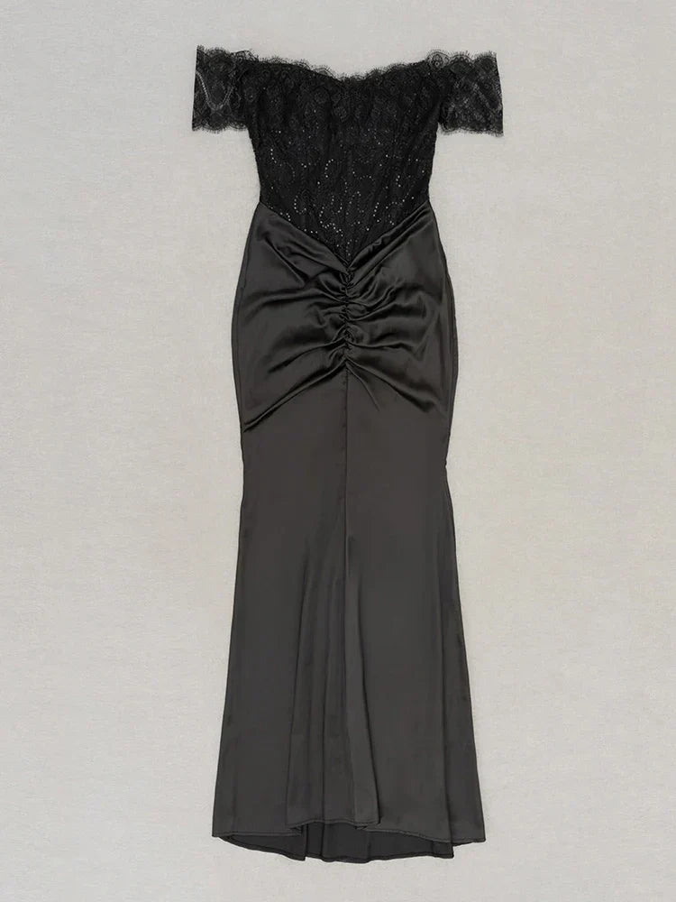 Off Shoulder Lace Corset Bodice Satin Ruched Center Maxi Gown