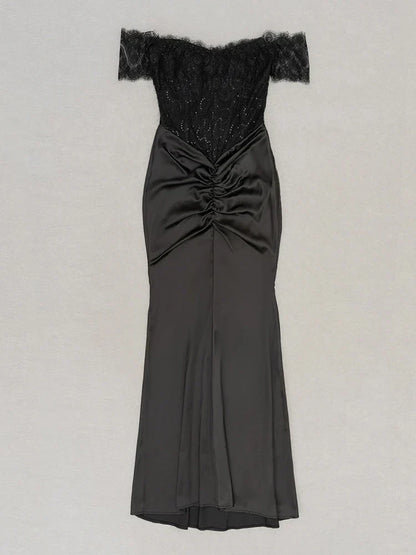 Off Shoulder Lace Corset Bodice Satin Ruched Center Maxi Gown