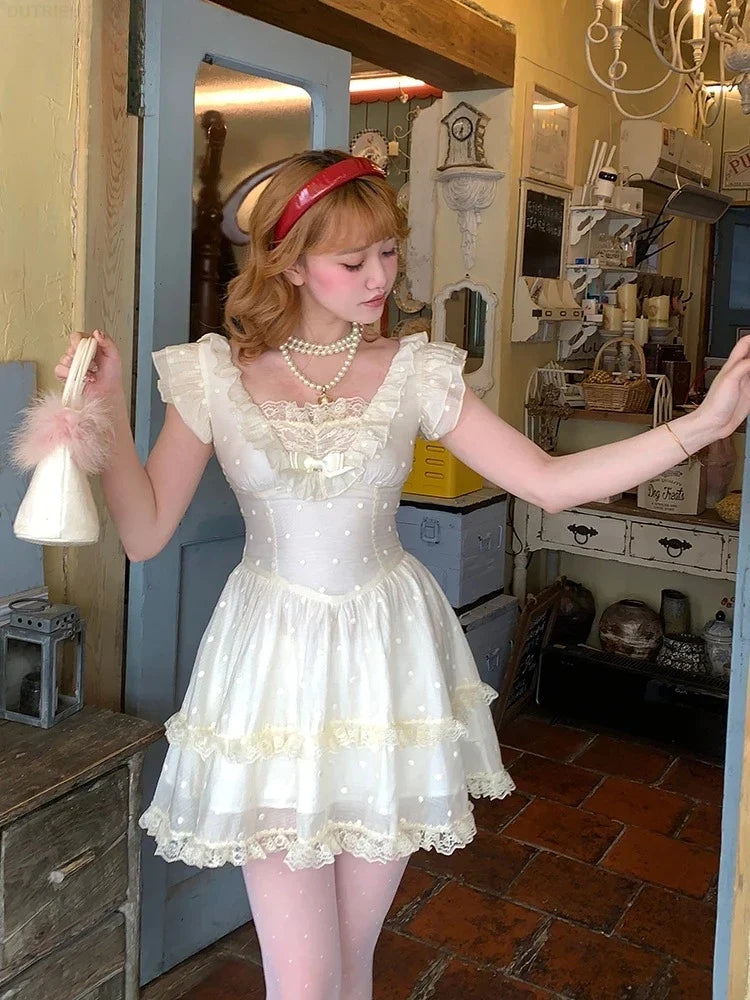 Summer New Original Sweet Girl Vacation Short Dress Fresh High Waist Bow Slimming Lace Small Fly Sleeve Party Dresses