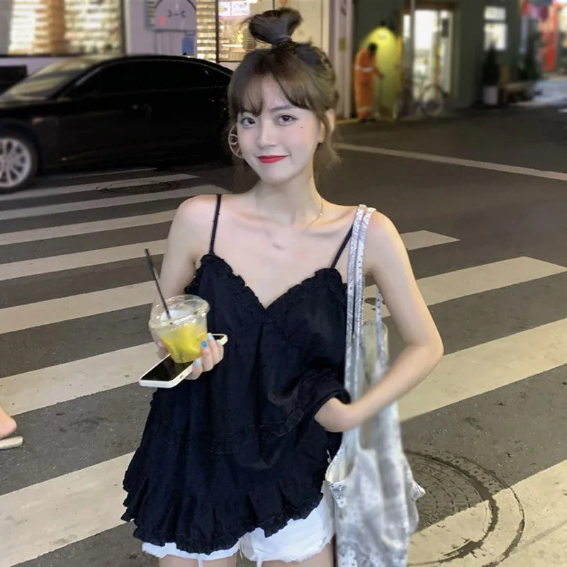 Women's Camisole Tank Tops Korean Style Sweet Casual Spaghetti Straps Vest