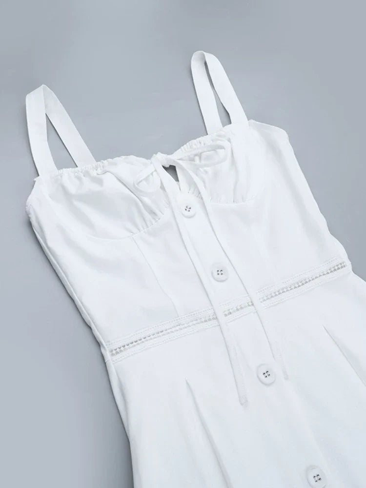 Women's Elegant White Lace-up Square Neck Spaghetti Strap Sleeveless Hollow Waist Slim A Line Long Vacation Summer Dress