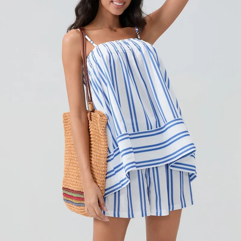 Women 2 Piece Lounge Set Sleeveless Striped Cami Peplum Top Boxer Shorts Loose Fit Ruffles Matching Pj Sets Outfits