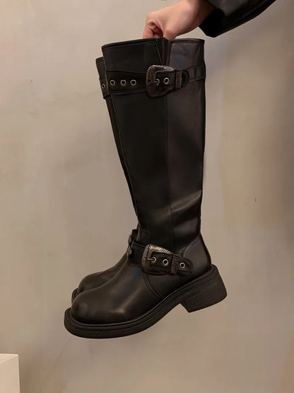 Round Toe Rock Shoes Woman Winter Boots Lady Zipper Sexy Thigh High Heels High Sexy Boots-Women Leather Rubber Autumn Med O
