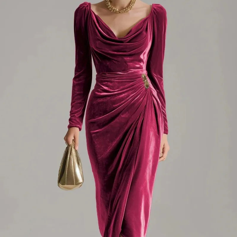 Women Elegant Metal Buckle Ruched Asymmetrical Velvet Dress Sexy Swinging Collar Full Sleeve Bodycon Slit Party Long Robe