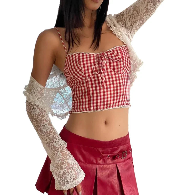 Hottie Plaid Print Camisole Irregular Edges Bow Midnight Street Sweet Versatile Skinny 2025 Summer Trend Daliy Mini Tops