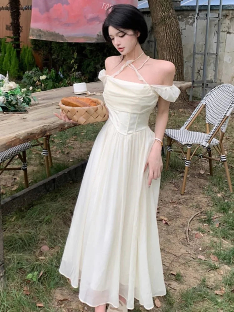 Summer Women Halter Midi Dress Elegant Female Chiffon Square Neck Party One Pieces Dresses French Solid New Vestidos Robe