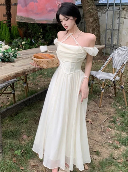 Summer Women Halter Midi Dress Elegant Female Chiffon Square Neck Party One Pieces Dresses French Solid New Vestidos Robe