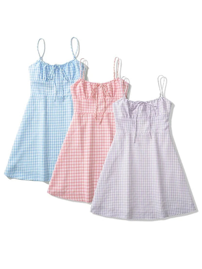 Spaghetti Strap Tie Up Plaid Dress Women Summer Beach Midi Sundress Strapless Retro Pink Short Vestidos Female Dress