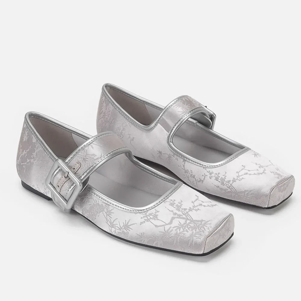 Brand Design Women's Pink Casual Ballet Flats Satin Silk Embroidery Silver Black Mary Jane Shoes for Women High Quality