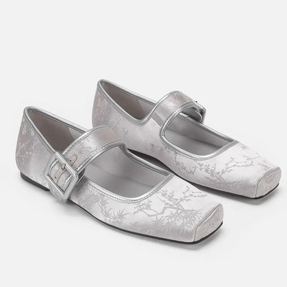 Brand Design Women's Pink Casual Ballet Flats Satin Silk Embroidery Silver Black Mary Jane Shoes for Women High Quality