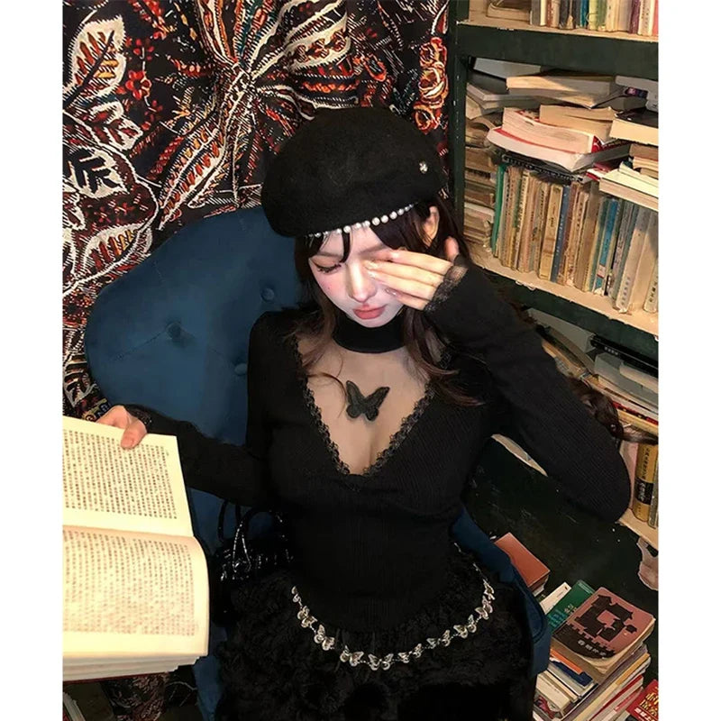 Y2K Cropped Black Sweater Women Harajuku Embroidery White Knitted Pullovers Gyaru Grunge Mesh Lace Knitwears Winter Chic Jumpers
