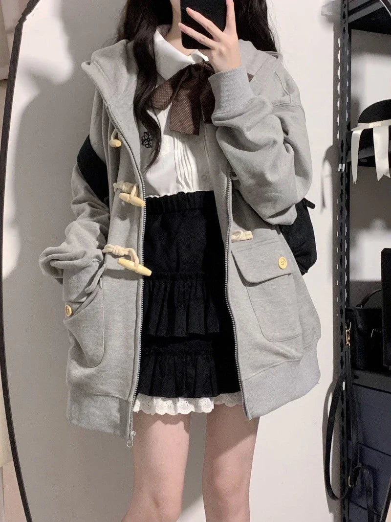 Women's Cardigan Hooded Sweatshirt Cute Loose Coat Zipper Spring Autum Long Sleeves Buttons Pockets Solid Color Tops Jacket
