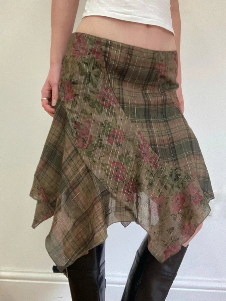 Y2k Sexy Low Waist American Retro Print Plaid Patchwork Irregular Streetwear Fashion Skirts