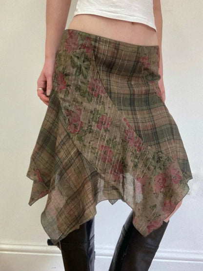 Y2k Sexy Low Waist American Retro Print Plaid Patchwork Irregular Streetwear Fashion Skirts