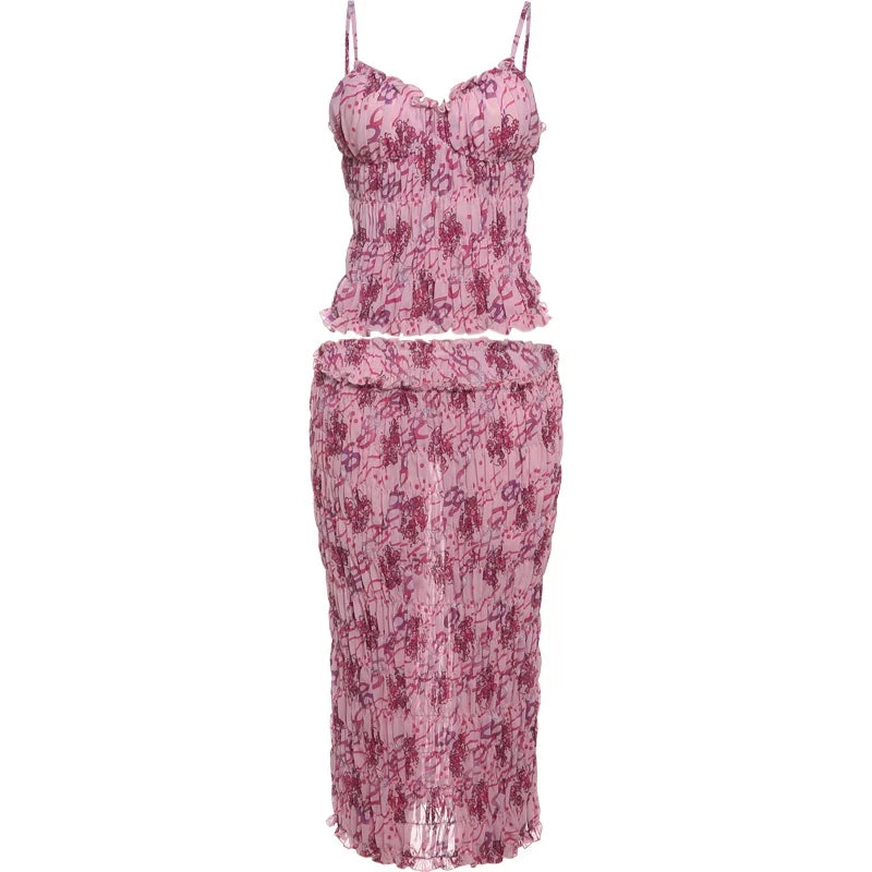 See Through Print Folds 2-Piece Set Women Backless Sleeveless Suspenders+Elasticated Waist Skirts Holiday Matching Suit