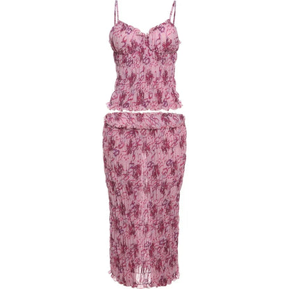 See Through Print Folds 2-Piece Set Women Backless Sleeveless Suspenders+Elasticated Waist Skirts Holiday Matching Suit