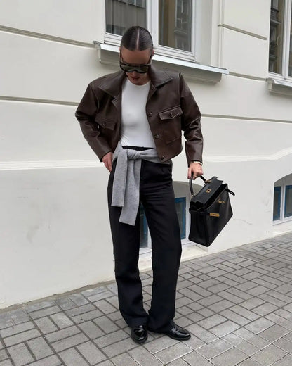 Elegant Brown Leather Cropped Jacket Women Fashion Laple Single Breasted Long Sleeves Coats Autumn Lady High Street Outwears