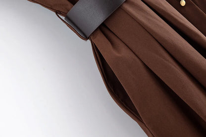 Casual Fashion Women's Dress Solid Color Round Neck Sleeveless Single Breasted Drape Belt Dress New Commuter Pleated Dress