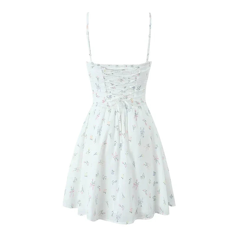 Floral Print Fishbone Slim Sling Mini Dress For Women Sexy Thin Straps Low Waist Holiday Party Summer Dresses Lace Up Back Robe