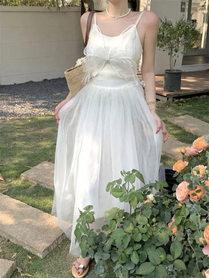 Woman Dress Sleeveless Butterfly Mesh Patchwork Slim Backless Holiday Princess Sweet Elegant Dresses Female Chic