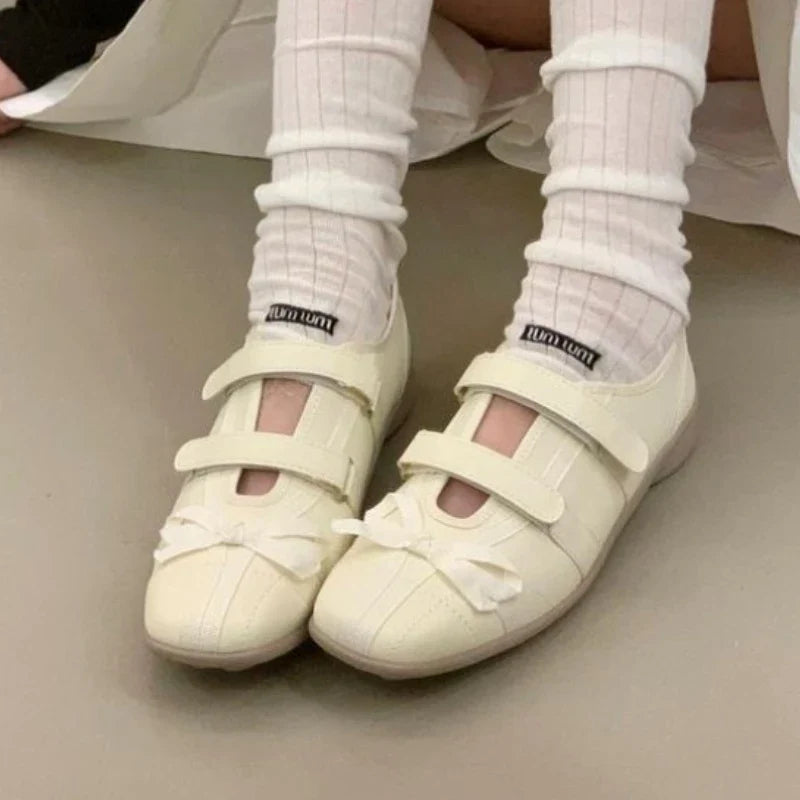 Sweet Pink Bow Ballet Flats Women Fashion Double Narrow Band Design Brand Mary Jane Shoes Comfort Round Toe Shallow Casual Shoes