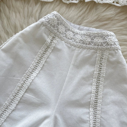 Crochet Patchwork Shorts Sets Women Single Breasted Lapel Collar Long Sleeve Blouse Summer Casual Fashion White Two-piece Set