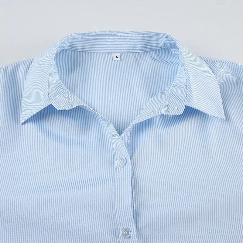 Blue Minimalism Boyfriend Stripe Shirts Women Single Breasted Turn Down Collar Long Sleeve Casual Loose Leisure Simple Clothes