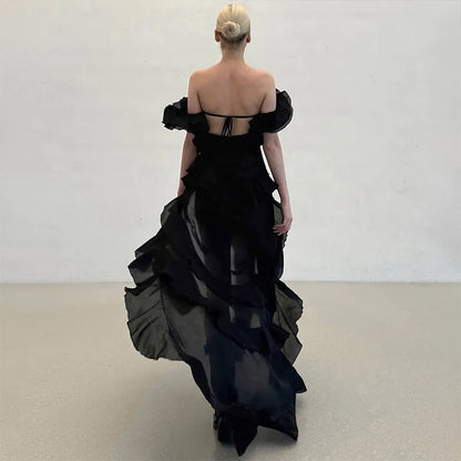 Chic Ruffle Backless Dress Women Slash Neck Sleeveless Lace Up Irregular Hem Floor-length Dresses Female 2025 Spring Lady Robe