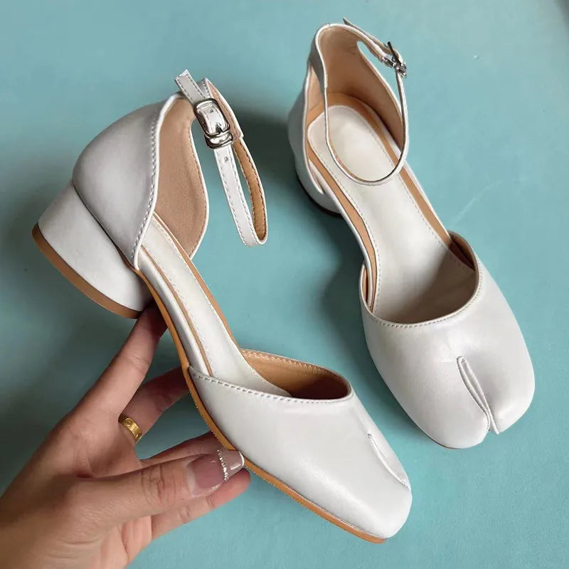 New Purple Women Tabi Shoes Split Toe Female Chunky High Heel Pumps Ankle Wrap Designer Summer Sandals Mary Janes Big Size