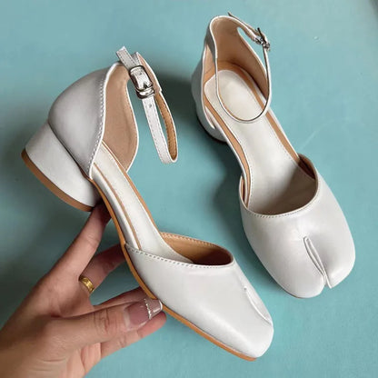 New Purple Women Tabi Shoes Split Toe Female Chunky High Heel Pumps Ankle Wrap Designer Summer Sandals Mary Janes Big Size
