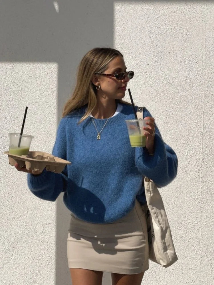 Autumn Women Loose Solid Long Sleeve Sweater Fashion O Neck Blue Knitted Pullover 2024 New Elegant Female Warm Streetwear