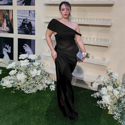 Off-Shoulder Mesh Ruched Bodice Satin Wrap Slit Maxi Dress