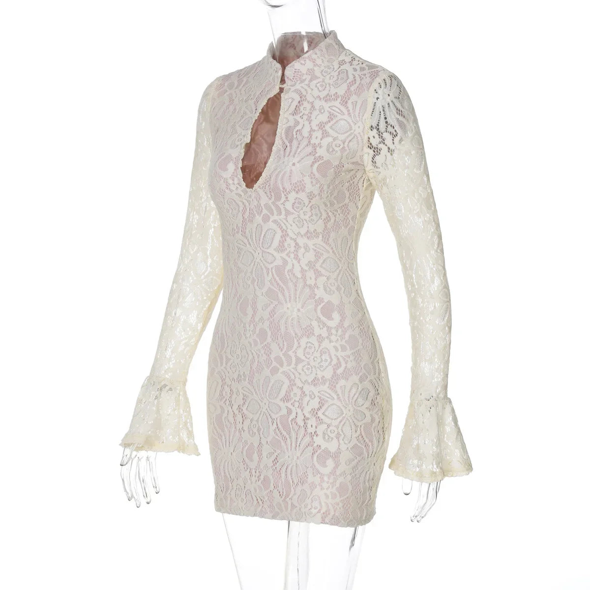 Mock Neck Keyhole Cutout Floral Lace Bell Sleeve Bodycon Mini Dress