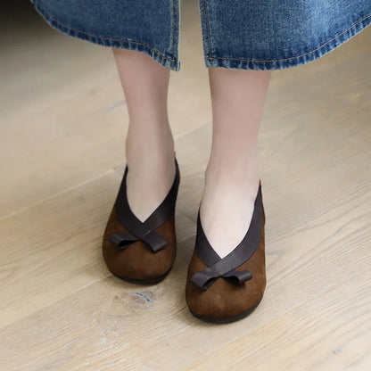 Pea Shoes Genuine Leather Soft Sole Brown Retro Wide Toe Slip-On Mommy Flats One Pedal Slip-on Flat New Women's Shoes