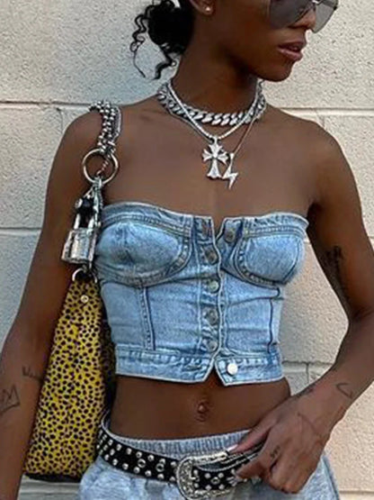 Off Shoulder Denim Corset Tops Clubwear Aesthetic Slim Milkmaid Bodycon Tees Y2K Buttons Crop Bustier Party Sexy