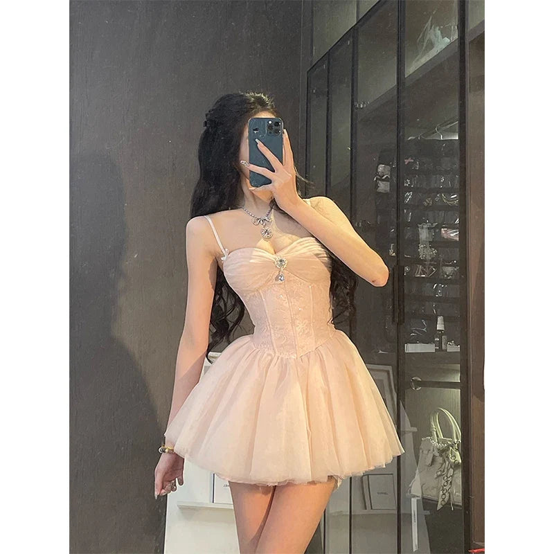 Sweet Mini Dress Women Birthday Party Mesh Patchwork Spaghetti Strap Dresses Summer Y2K Korean Fashion Bodycon Design Vestidos