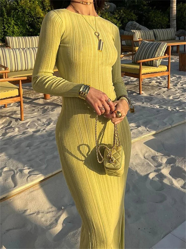 Rib Knit Crew Neck Long Sleeve Bodycon Maxi Dress