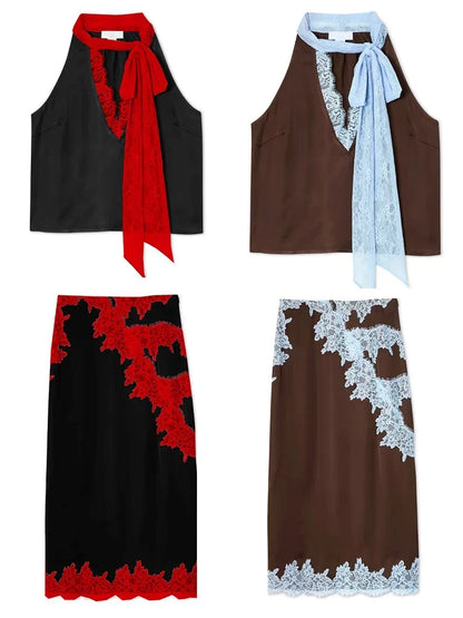 Women's Sleeveless Satin Dress Sets 2026 New Lace Up Patchwork Crop Tops Party Ruffle Lace Elegant Skirt 2 Piece Suits