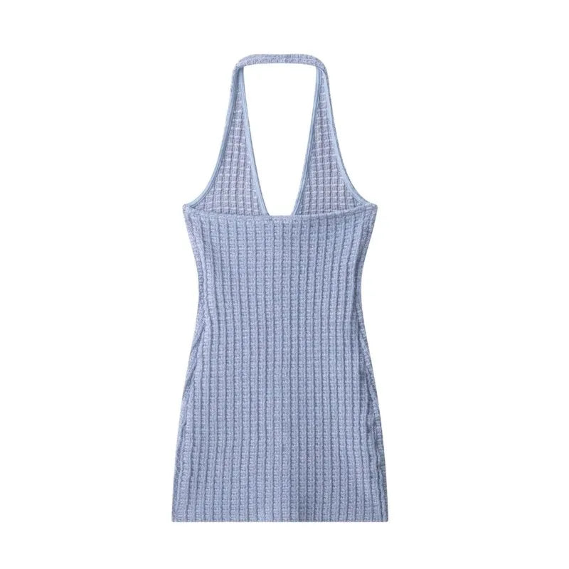 Halter Neck Single Breasted Knit Women Dress Sleeveless Tight Blue Summer Short Dress 2025 New Sexy French Woman Clothing