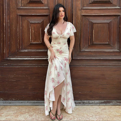 Fashion Women's Dress V-neck Short Sleeve Slim Female Print Floral Dresses Summer Sexy Elegant Holiday New Party Lady Robe