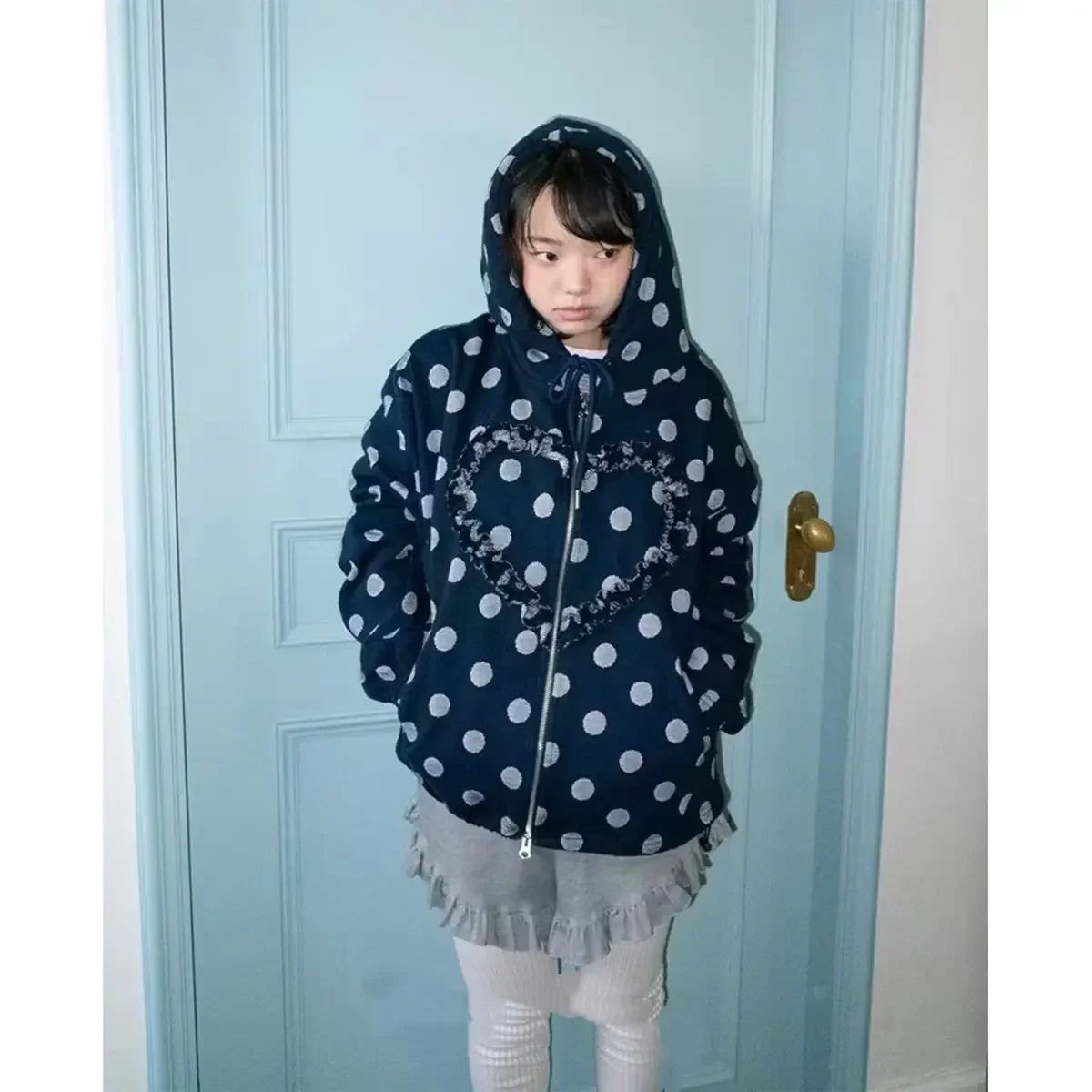 Spring 2025 New Korean Heart Shaped Ruffle Dot Printed Zipper Hoodie y2k Retro High end Design Loose Sweet Long Sleeve Jacket