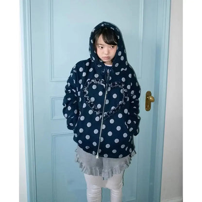 Spring 2025 New Korean Heart Shaped Ruffle Dot Printed Zipper Hoodie y2k Retro High end Design Loose Sweet Long Sleeve Jacket