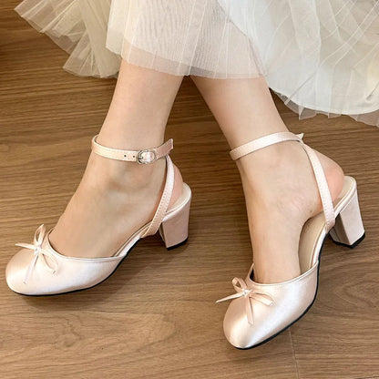 Women's Satin Round Toe Bowknot Block Heel Mary Janes Shoes Ankle Buckle Strap Slingback Pumps Wedding Party High Heels Shoes