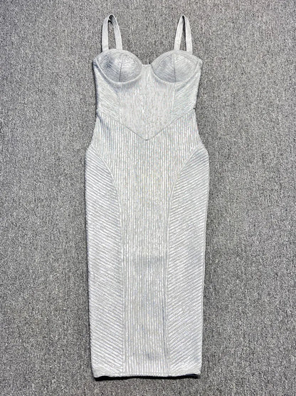 Sweetheart Corset Bodice Metallic Ribbed Bodycon Midi Dress