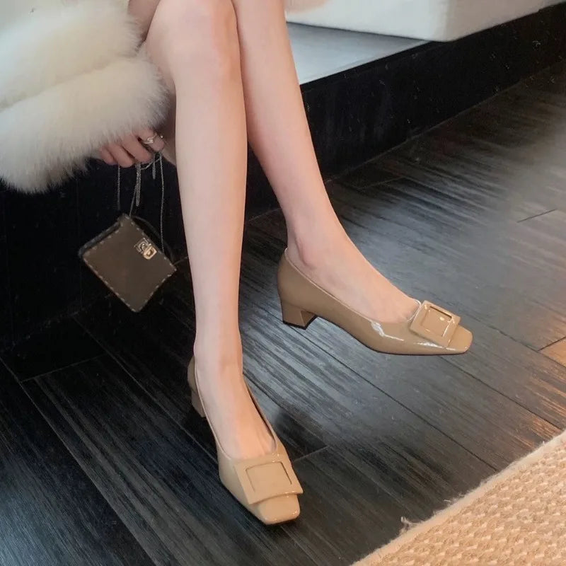 Square buckle commuting women's shoes new style thick heel gentle style square toe elegant temperament high heels women's shoes